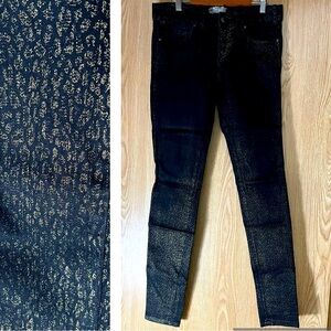 Free People Black/ Gold Leopard Print Waxy Hi-Rise Skinny Long Denim Jeans